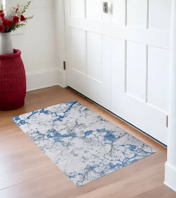 3' x 5' Abstract Printed Washable Non Skid Area Rug - Blue And Silver