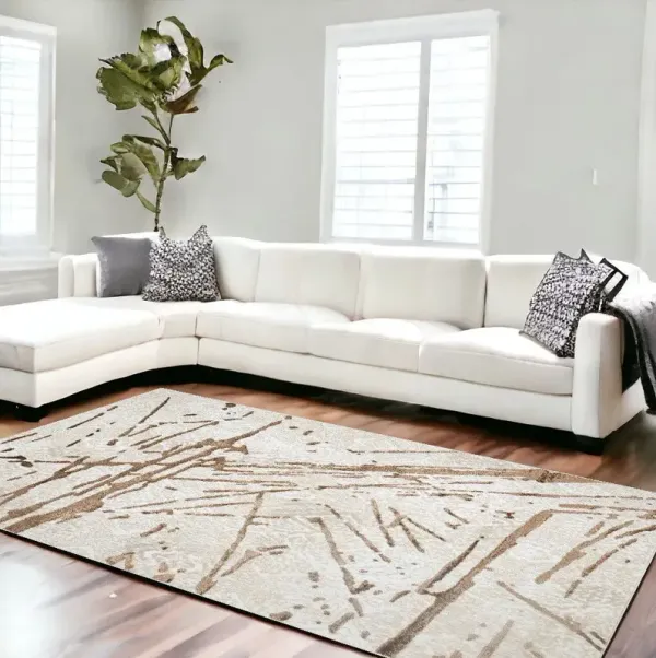 9' x 12' Abstract Polyester Area Rug - Ivory And Brown