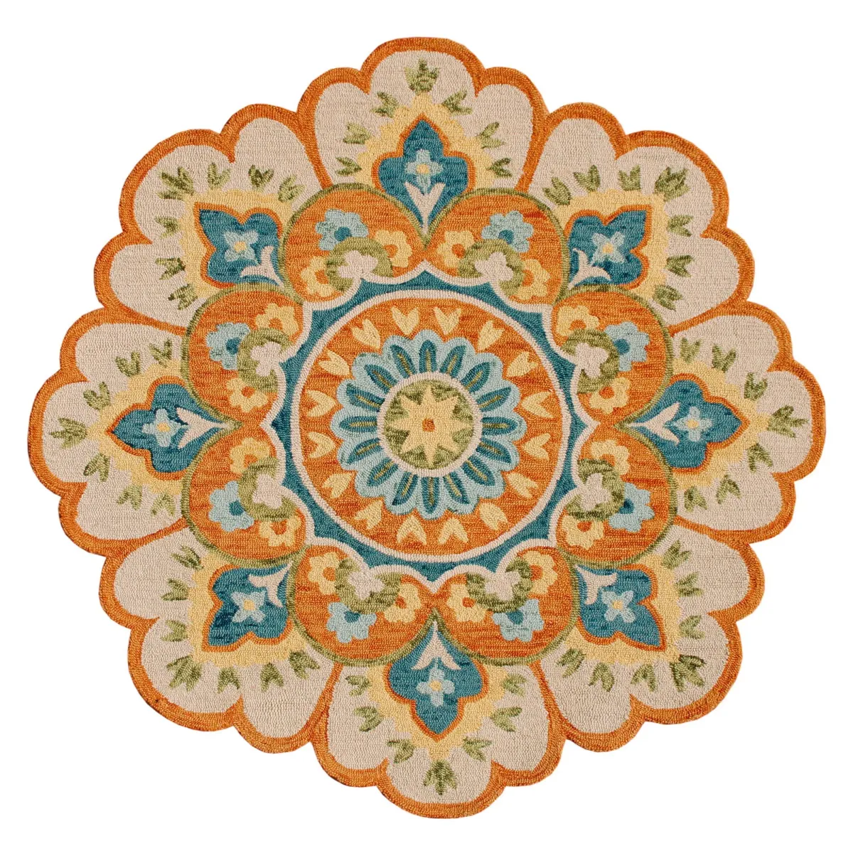 4' Round Wool Floral Hand Tufted Area Rug - Orange And Blue