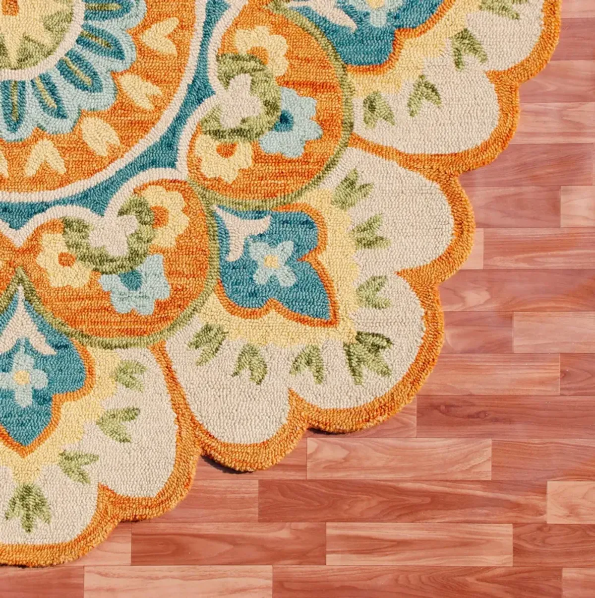 4' Round Wool Floral Hand Tufted Area Rug - Orange And Blue