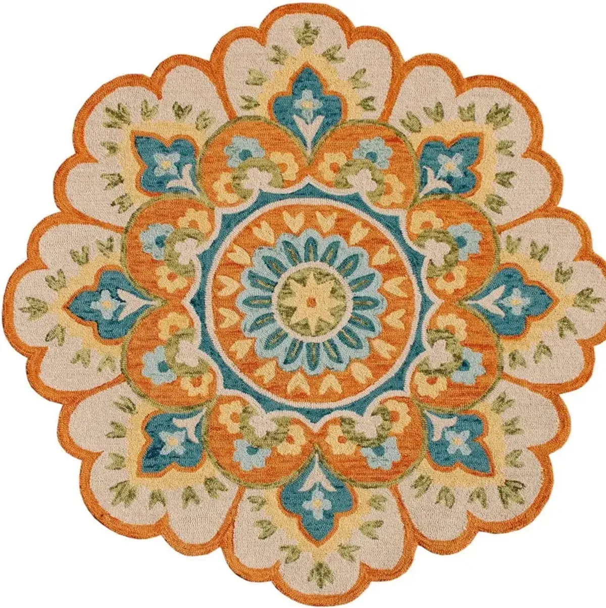 4' Round Wool Floral Hand Tufted Area Rug - Orange And Blue