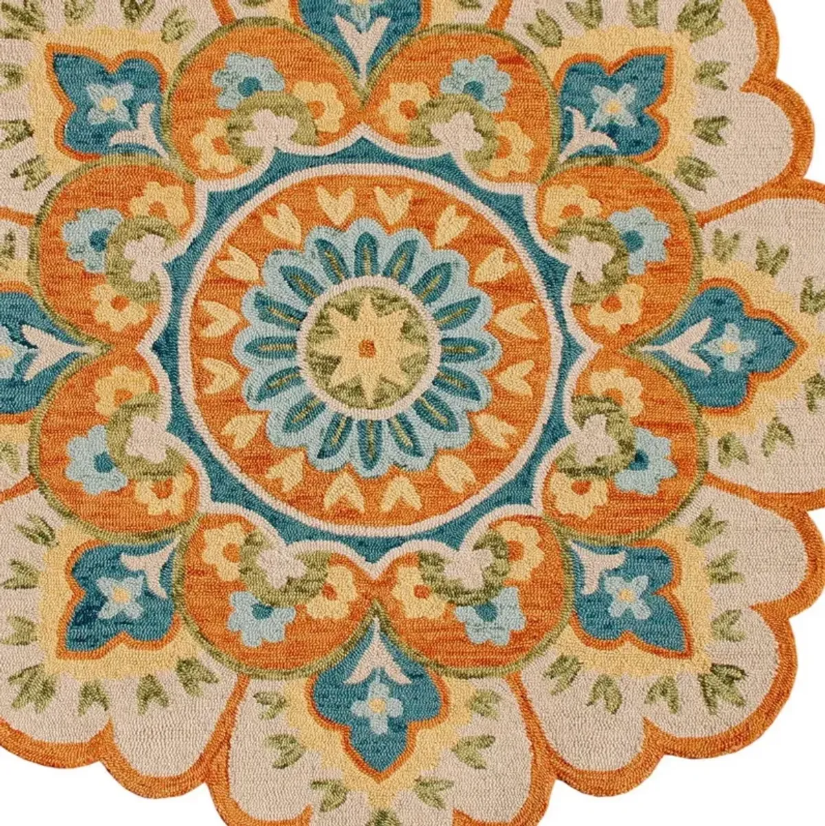 4' Round Wool Floral Hand Tufted Area Rug - Orange And Blue