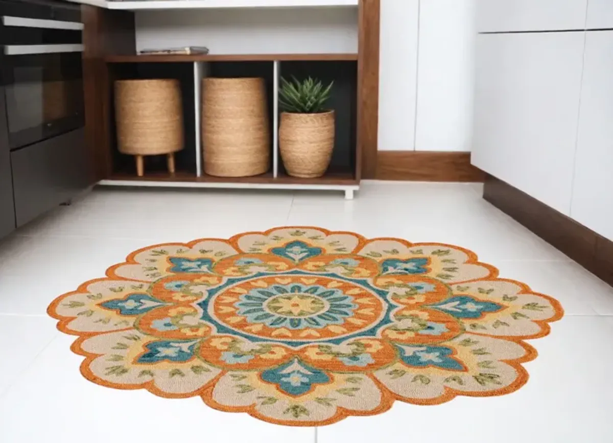 4' Round Wool Floral Hand Tufted Area Rug - Orange And Blue