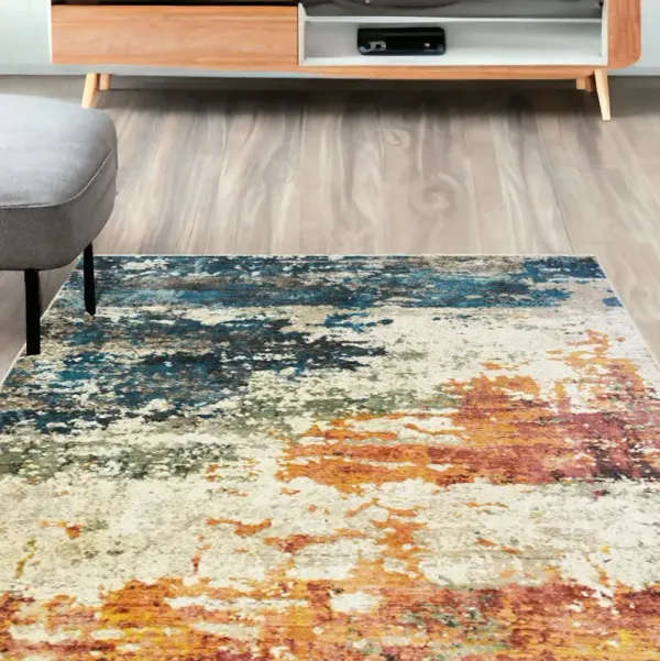 5' x 8' Abstract Distressed Area Rug With Fringe - Beige Blue And Ivory