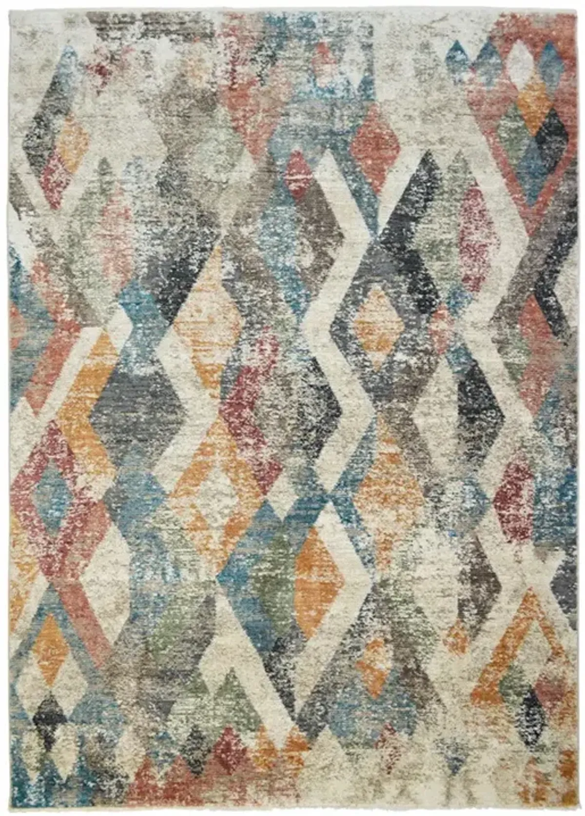 2' x 3' Geometric Distressed Area Rug With Fringe - Beige Blue And Gray