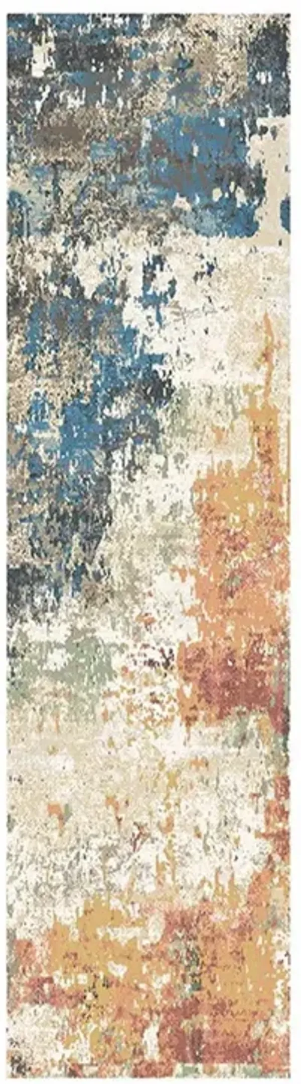 8' Abstract Distressed Runner Rug With Fringe - Beige Blue And Ivory