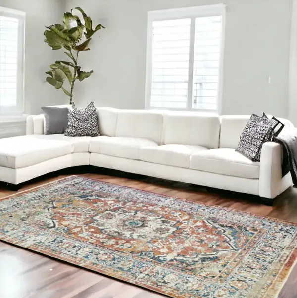 8' x 10' Oriental Distressed Area Rug With Fringe - Rust