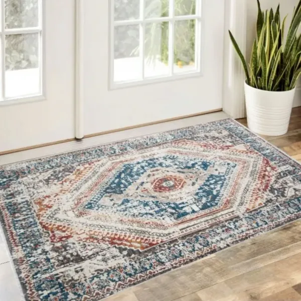 2' x 3' Geometric Distressed Area Rug With Fringe - Teal Taupe And Rust