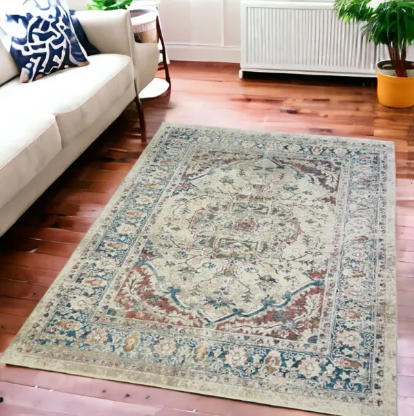 5' x 8' Oriental Distressed Area Rug With Fringe - Ivory Blue And Gray