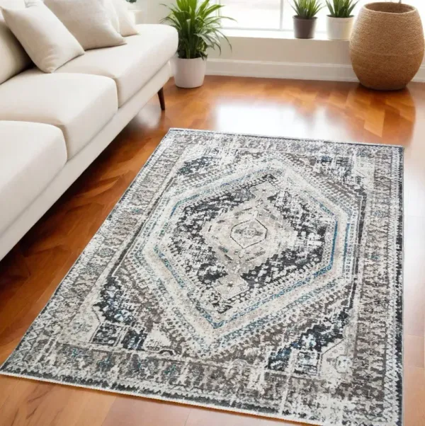 5' x 8' Geometric Distressed Area Rug With Fringe - Gray Beige And Blue