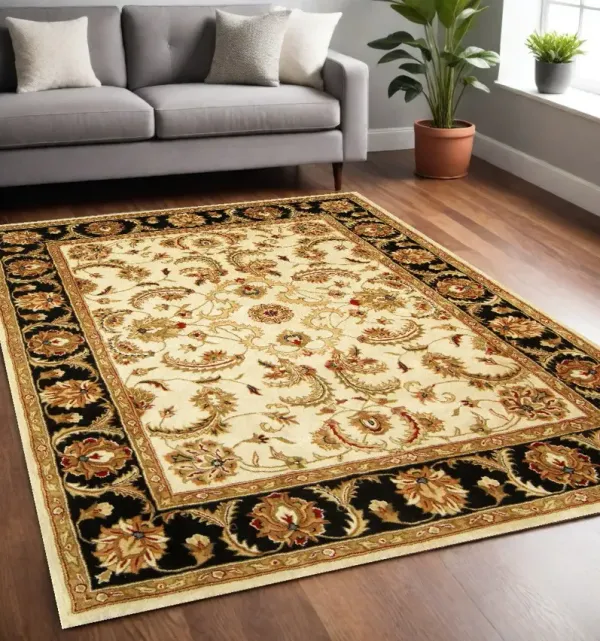 5' x 8' Oriental Hand Tufted Non Skid Area Rug - Black And Ivory
