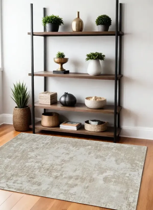 4' x 6' Modern Abstract Distressed Area Rug - Cream And Beige