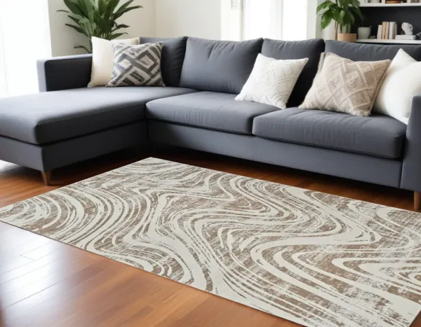 6.7' x 6.7' Modern Abstract Distressed Area Rug - Brown And Beige