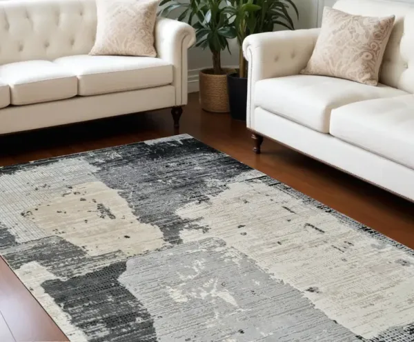 7' x 10' Abstract Distressed Area Rug - Beige And Black