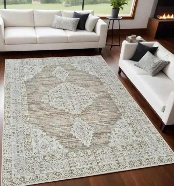 5.3' x 5.3' Modern Abstract Distressed Area Rug - Beige And Light Brown