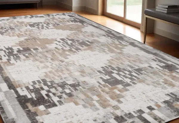 5' x 8' Abstract Distressed Area Rug - Cream And Brown