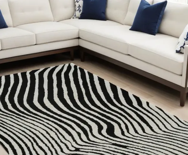 7.9' x 7.9' Modern Abstract Distressed Polypropylene Area Rug - Cream And Black