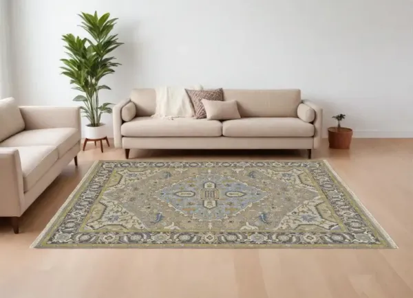 6' x 9' Wool Oriental Hand Knotted Area Rug - Blue Taupe And Tan