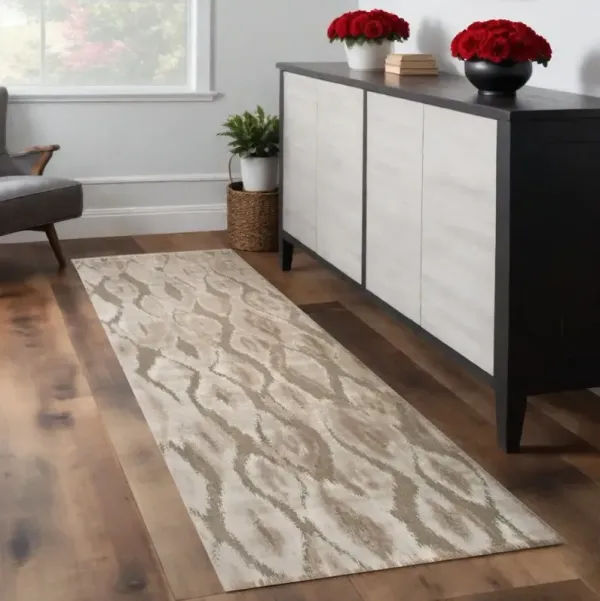 8' Abstract Power Loom Worn Faded Runner Rug - Taupe And Ivory