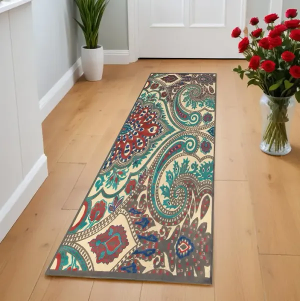 8' Paisley Power Loom Runner Rug - Tan Blue And Taupe
