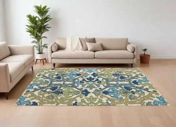 8' x 11' Floral Power Loom Area Rug - Green Gray And Tan