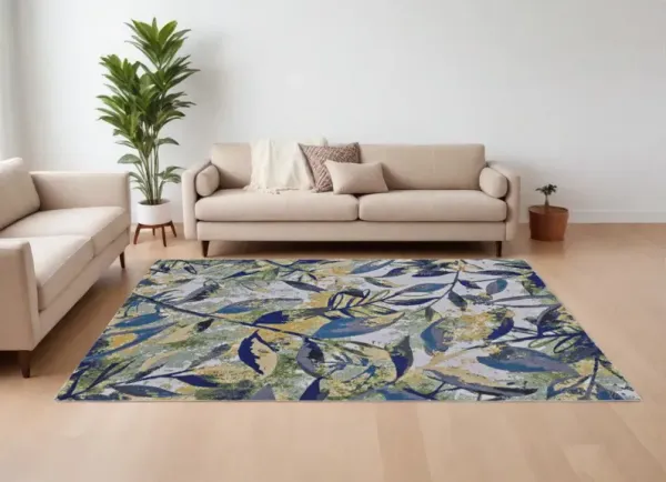 8' x 11' Floral Power Loom Worn Faded Area Rug - Green Blue And Ivory