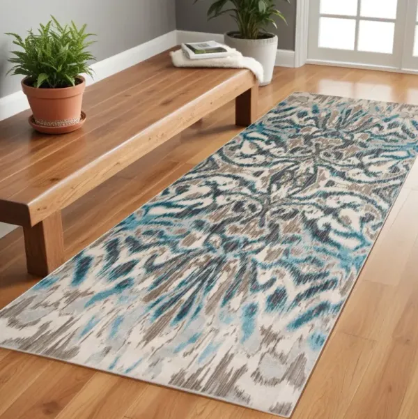 8' Abstract Power Loom Runner Rug - Taupe And Blue