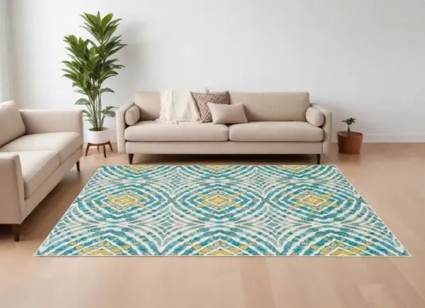 7' x 10' Abstract Power Loom Area Rug - Blue Ivory And Yellow