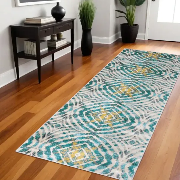 8' Abstract Power Loom Runner Rug - Blue Ivory And Yellow