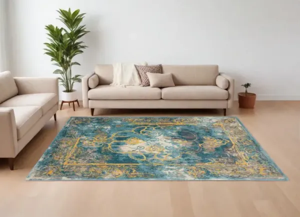 8' x 10' Abstract Power Loom Worn Faded Area Rug - Blue And Yellow