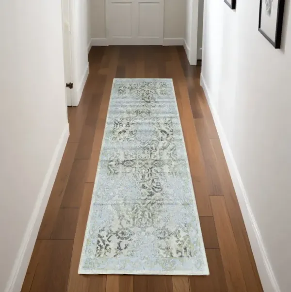 8' Floral Power Loom Worn Faded Runner Rug - Blue Gray And Green