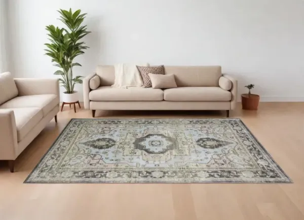 8' x 11' Oriental Power Loom Area Rug - Gray Blue And Taupe