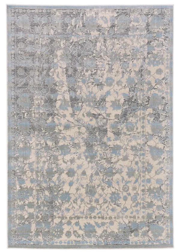 8' x 11' Abstract Power Loom Worn Faded Area Rug - Ivory Taupe And Blue