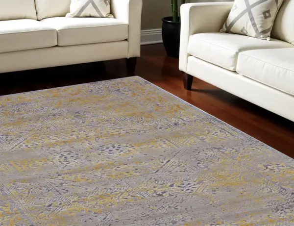 7' x 10' Oriental Power Loom Worn Faded Area Rug - Gray And Gold