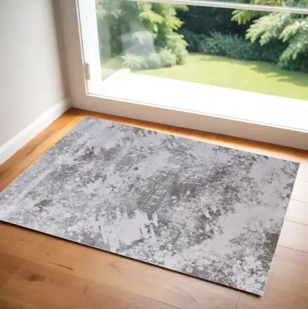 2' x 3' Abstract Power Loom Worn Faded Area Rug - Gray And Silver