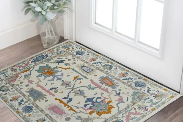 2' x 3' Wool Floral Hand Knotted Area Rug With Fringe - Blue Ivory And Pink