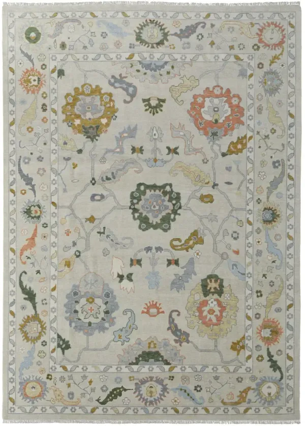 9' x 13' Wool Floral Hand Knotted Area Rug With Fringe - Gray Ivory And Gold