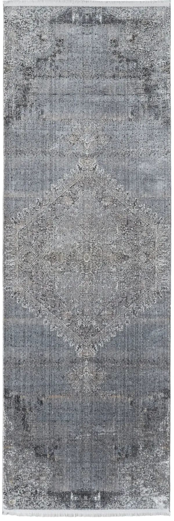 10' x 2.7' Abstract Power Loom Worn Faded Runner Rug - Gray And Silver