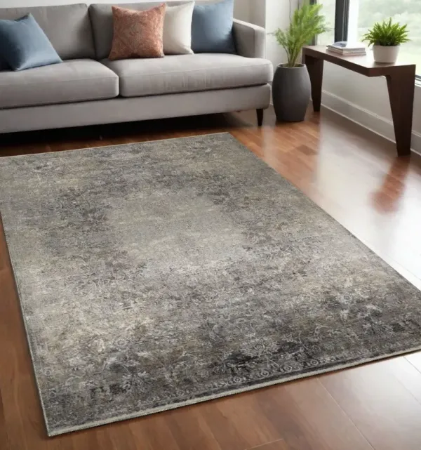 5' x 7' Oriental Power Loom Worn Faded Area Rug - Tan And Gray