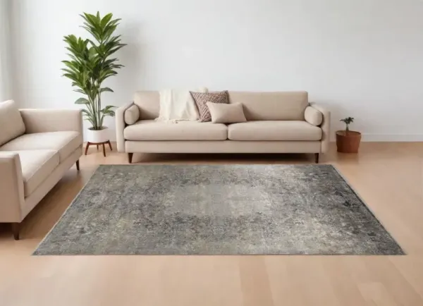 7' x 10' Oriental Power Loom Worn Faded Area Rug - Tan And Gray