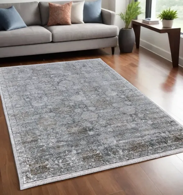5' x 7' Damask Power Loom Worn Faded Area Rug - Gray And Silver