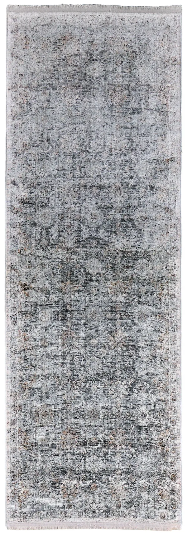 12' Damask Power Loom Worn Faded Runner Rug - Gray And Silver