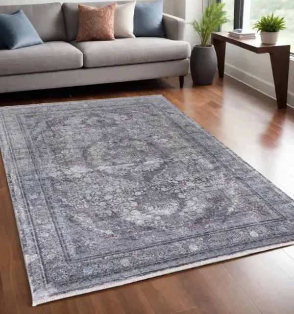 5' x 7' Oriental Power Loom Worn Faded Area Rug - Gray And Silver