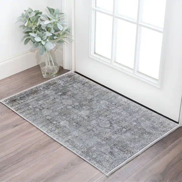 2' x 3' Damask Power Loom Worn Faded Area Rug - Gray And Silver