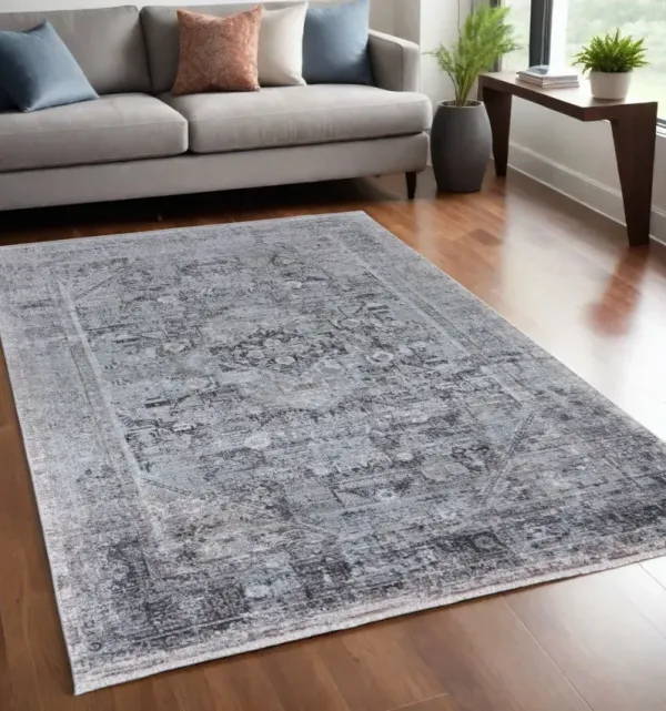 5' x 7.2' Oriental Power Loom Worn Faded Area Rug - Gray And Silver