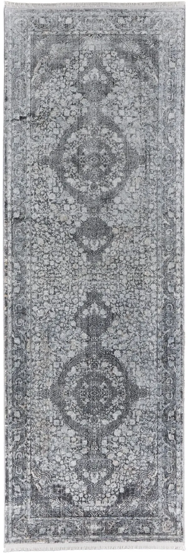 8' x 2.7' Oriental Power Loom Worn Faded Runner Rug - Gray And Silver