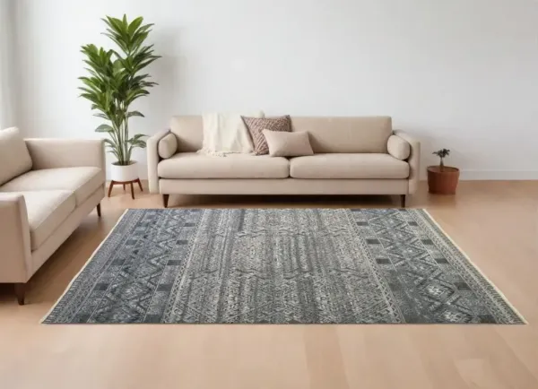 6' x 9' Geometric Hand Knotted Area Rug - Gray Ivory And Blue