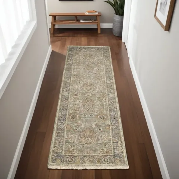8' Wool Oriental Hand Knotted Runner Rug With Fringe - Gray And Gold