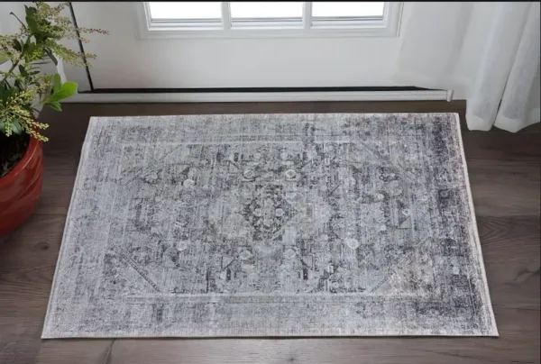 2' x 3' Oriental Power Loom Worn Faded Area Rug - Gray And Silver