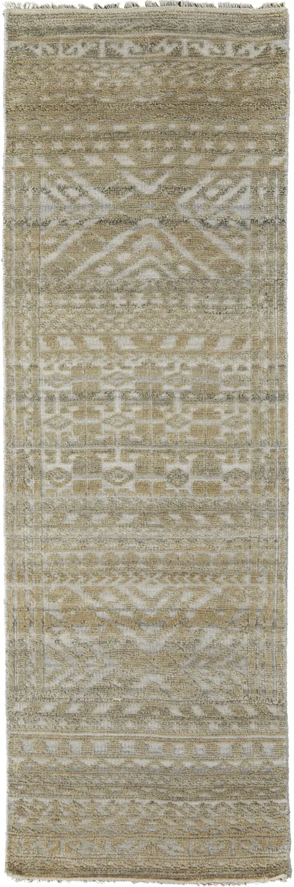 10' Geometric Hand Knotted Worn Faded Runner Rug - Gold And Tan